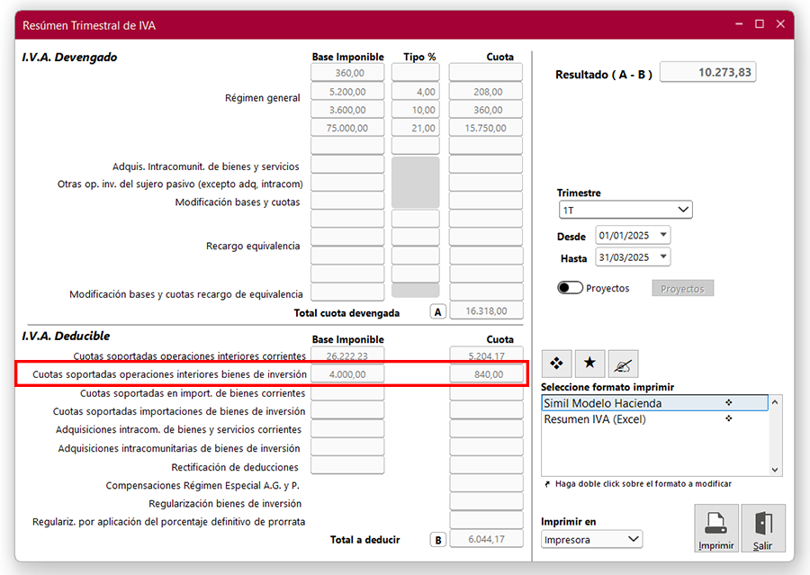 Ventana Resúmen Trimestral de IVA en ClassicConta 7.